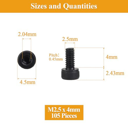 105 Pieces M2.5 x 4mm Socket Head Cap Screws, Thread Pitch 0.45mm, Sutemribor M2.5 Black Screws, 12.9 Grade Alloy Steel, Black Oxide Finish, Fully Threaded - size: M2.5 x 4mm, style: Socket Head