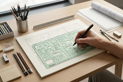 Printtoo Architect's Combination Template Stencil, 2mm Thick Clear Green Acrylic Drafting Ruler with Furniture, Door, Kitchen, Bath & Toilet Symbols for Architects, Students & Designers - color: Series-PRTD-2433A