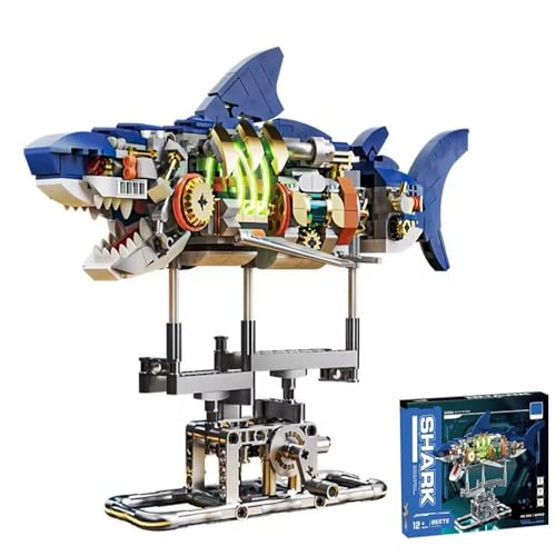 Mechanical Shark Building Set for Boys 12-20 with LED Light and Display Stand, 687 PCS Rotatable Function Sea Animal STEM Toy, Home Decor Gift Adults Teens Kids Boys Ages