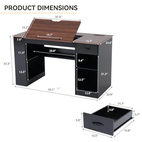 Verano Garden 55.1" Drafting Table, Craft Art Table, Computer Desk, Black - color: Black