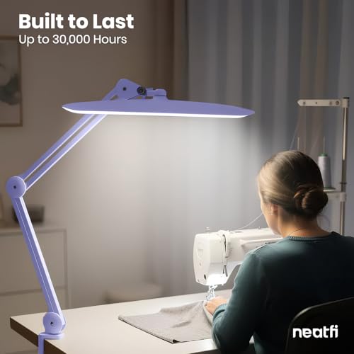 Neatfi XL 2200 Lumens 24W LED Desk Lamp – Shadow-Free Task Lighting | 4-Level Dimming | Home Office & Crafts Use | 20-Inch Wide Head (Lavender, Non-CCT with Clamp) - color: Lavender, size: Non-CCT with Clamp