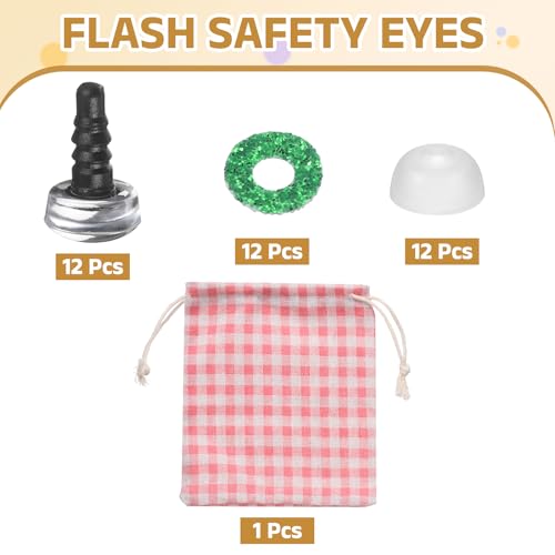 MECCANIXITY 12 Pcs Glitter Safety Eyes, 9mm Plastic 3D Crochet Doll Eyes with Washers and Drawstring Bag for Puppet Bear DIY Crafts Stuffed Animals Making Supplies, Green - color: Green