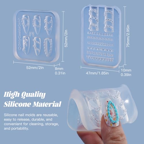2 Pcs Cream Silicone Nail Molds, 3D Cake Icing Nail Art Mould with Embossed Piping Designs for Gel & Resin, Heart Lace Charms Clear Modeling Templates Nails Mold for Home Salon, Birthday & DIY Craft - color: Cake Cream