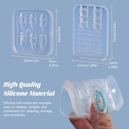 2 Pcs Cream Silicone Nail Molds, 3D Cake Icing Nail Art Mould with Embossed Piping Designs for Gel & Resin, Heart Lace Charms Clear Modeling Templates Nails Mold for Home Salon, Birthday & DIY Craft - color: Cake Cream