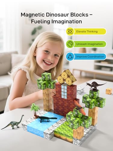 Veecafiodi Magnetic Blocks 108PCS, Dinosaur Magnetic Building Blocks with 6 Dinosaur Figures, Magnetic Blocks for Kids Ages 3-5, 4-8, STEM Construction Toy - color: Yellow
