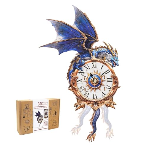 Blue Dragon Clock, 3D Wooden Puzzles for Adults, Mechanical Wood Model Kit
