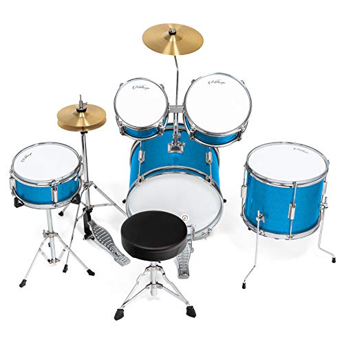 Ashthorpe 5-Piece Complete Kids Drum Set with Genuine Brass Cymbals - Junior Beginner Kit with 16" Bass, Throne, Hi-Hats, Pedals & Drumsticks - Blue - color: Blue