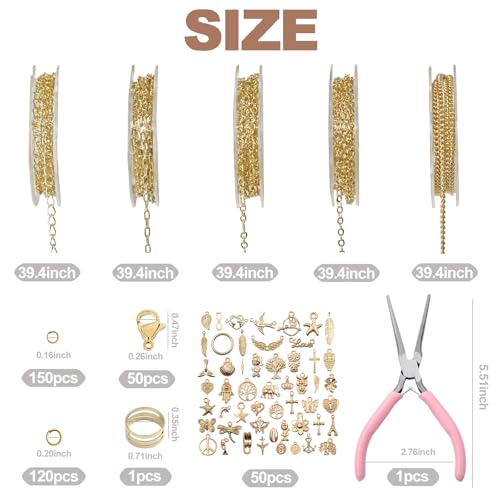 XKCWXY 14K Gold Chain Jewelry Making 5 Rolls 16.4ft Charm Necklace Kit - color: 14KC Gold