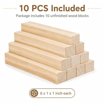 10 Pack Unfinished Wood Blocks, 6 x 1 x 1 Inch Wood Carving Blocks - size: 6×1×1 Inch-10Pcs