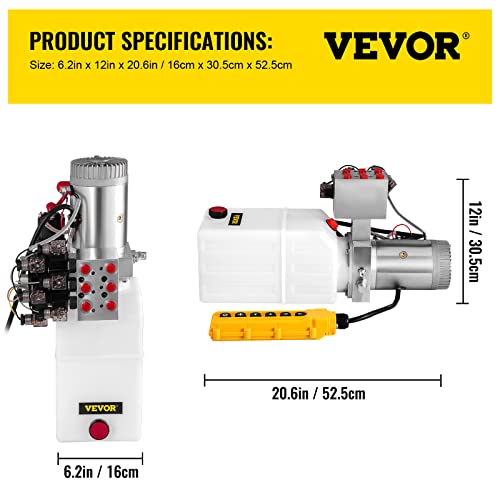VEVOR Hydraulic Power Unit 6 Quart 6 Way Hydraulic Pump Double Acting Hydraulic Power Unit 12V DC Dump Trailer Car Remote with Plastic Oil Reservoir (Plastic, Double Acting)