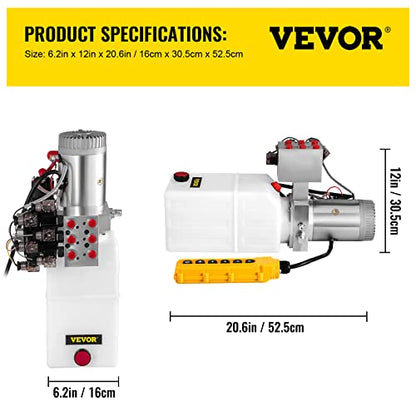 VEVOR Hydraulic Power Unit 6 Quart 6 Way Hydraulic Pump Double Acting Hydraulic Power Unit 12V DC Dump Trailer Car Remote with Plastic Oil Reservoir (Plastic, Double Acting)