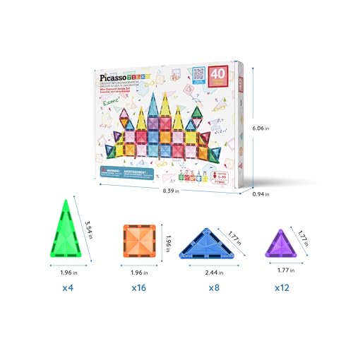 PicassoTiles Magnetic Tiles Building Blocks Mini Size Diamond Series Magnet Toys Travel Size On-The-Go Magnets Construction Sensory Toys Gifts Educational Set Toddlers STEM Learning Kit Playset PTM40 - color: Diamond-shaped Magnetic Tile Color, size: 6.63