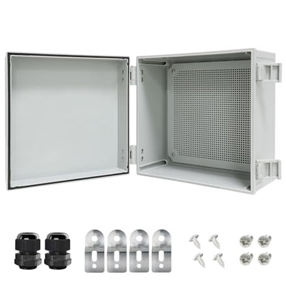 Junction Box IP65 Waterproof Electrical Box Outdoor ABS Plastic Project Box Hinged Shell Universal Enclosure Box with Mounting Plate, Wall Brackets, Cable Glands 11.8" x 11.8" x 7.1" - color: Grey, size: 11.8" x 11.8" x 7.1"