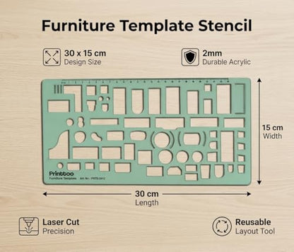 Printtoo Furniture Template Stencil, 2mm Thick Clear Green Acrylic Interior Design Ruler, Furniture Layout Cutouts with Measurements, Drafting Tool for Architects, Students & Designer - color: Series-PRTD-2412A