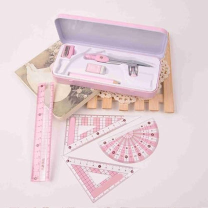 8Pcs Geometry Drawing Kit Multifunctional Easy to Use Math Tools with Compass, Protractor and Rulers in Metal Storage Box(Pink) - color: Pink