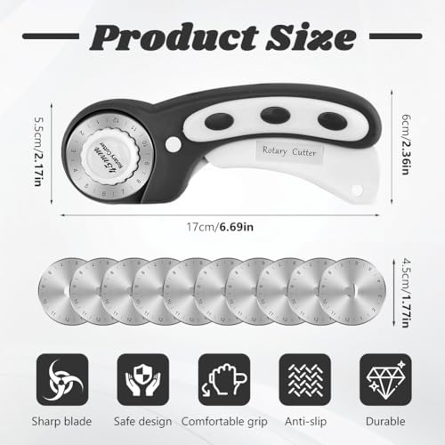 45mm Rotary Cutter for Fabric with 10pcs Replacement Blade, Rolling Fabric Cutter Crochet Edge Skip Stitch Blade for Quilting Crafts Sewing(COLOR:black)