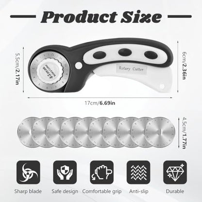45mm Rotary Cutter for Fabric with 10pcs Replacement Blade, Rolling Fabric Cutter Crochet Edge Skip Stitch Blade for Quilting Crafts Sewing(COLOR:black)