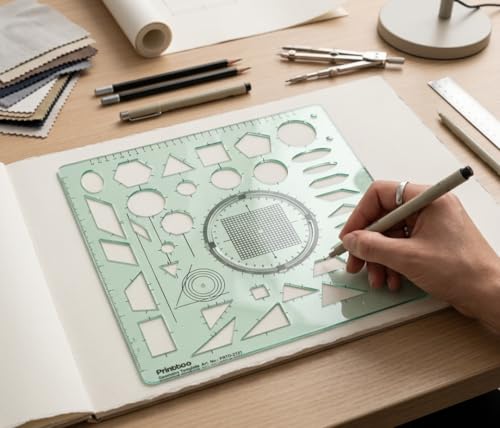 Printtoo 2 mm Thick Geometry Template Ruler, Transparent Green Acrylic Drafting Stencil with Circle, Triangle, Square & Polygon Shapes, Metric Scale for Engineering & Design - color: Series-PRTD-2121A