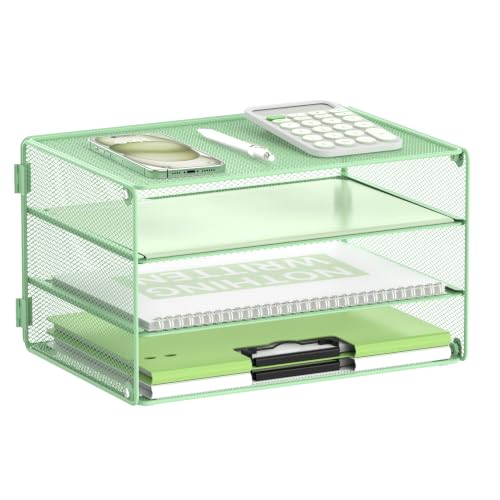 DALTACK 3 Tier Letter Tray Paper Organizer with Sliding Trays Mint Green - color: Mint Green