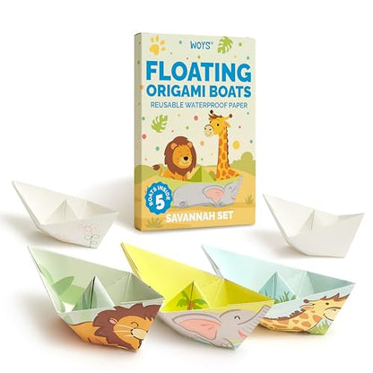 WOYS Floating Origami Boats | Savannah Set | Waterproof Premium Reusable Paper | Screen-Free DIY Arts & Crafts Activity & Gift | 5 Sheets | Bath, Pool & Indoor Play - color: SAVANNAH