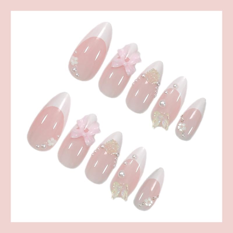 Almond Press on Nails Medium White Fake NailPink Bows and Clear Butterfly Acrylic Nail Press ons Stick on Nails for Women 24pcs - color: Color12