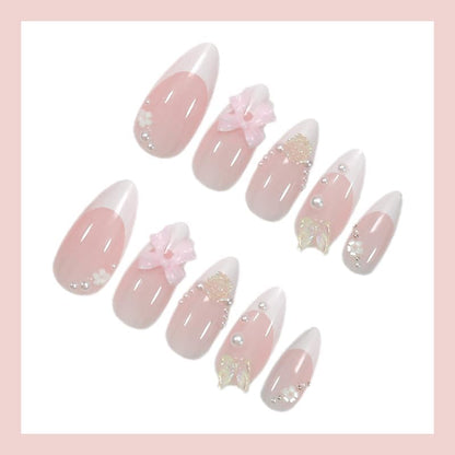Almond Press on Nails Medium White Fake NailPink Bows and Clear Butterfly Acrylic Nail Press ons Stick on Nails for Women 24pcs - color: Color12