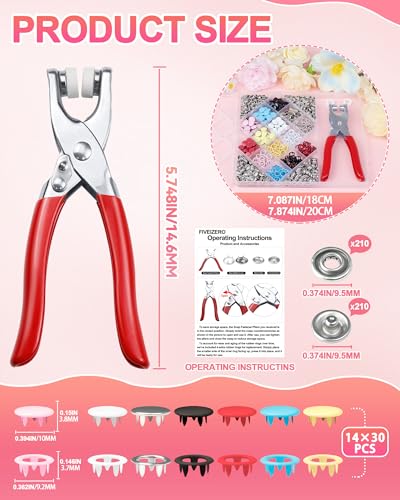 200 Sets FIVEIZERO Metal Snaps Buttons with Fastener Pliers Press Tool Kit for Sewing and Fabric, Snap Fasteners Kit in 7 Colors for Clothing, Crafts, and DIY Projects (10mm)