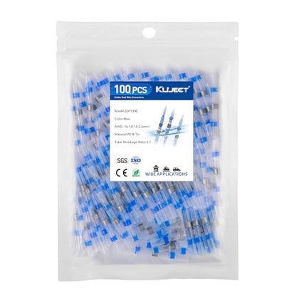 Kuject 100PCS Solder Seal Wire Connectors AWG 16-14, Blue Solder Seal Heat Shrink Butt Connectors Terminals Waterproof Wire Splice Connector for Marine Boat Wire Joint - size: AWG 16-14 Blue