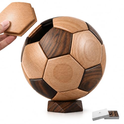 3D Wooden Soccer Ball Puzzle for Adults, Walnut and Beech Desk Décor,Gift - style: Walnut + Beech