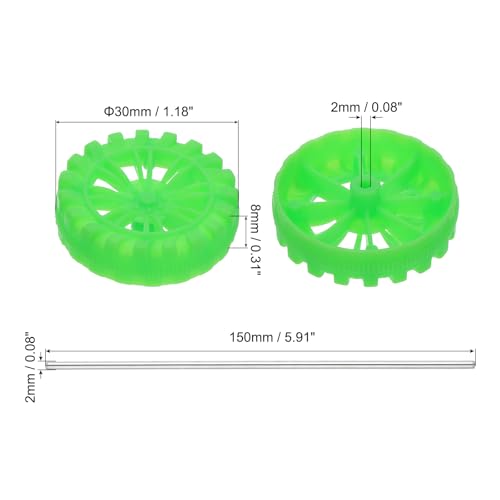 MECCANIXITY 30pcs Toy Car Tires 30mm OD, 8mm Thick, RC Model Car Wheels with 2mm OD x 150mm Long Shaft for Craft Project Hobby, Green - color: Green, size: 30mmx8mm 2mmx150mm