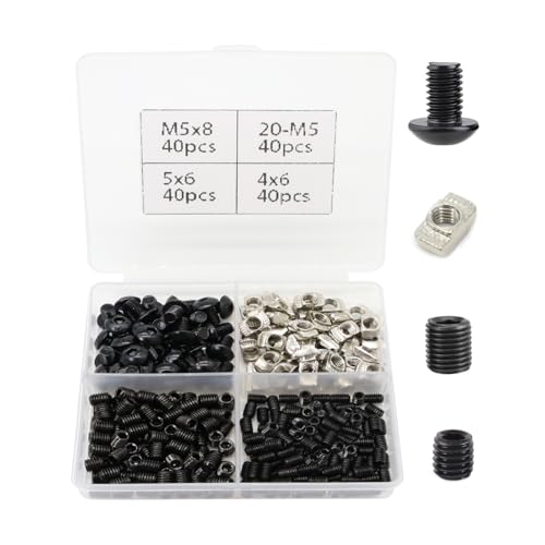 160Pcs 2020 Aluminum Extrusion M5 T Slot Nuts and Bolts Screws 20 Series Extruded Hardware Drop in T Nut and Set Screw for 20/20 80 20 2040 T V Slot Black Aluminum Profile Accessories - style: 20 Series Type D