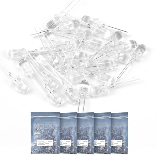 LED Kit 5MM LED Diodes, 1000 Pieces in 5 Colors: White, Red, Yellow, Green, Blue, 2-Pin Circular, Suitable for Christmas Light Replacement and Science Projects - size: 5mm transparent