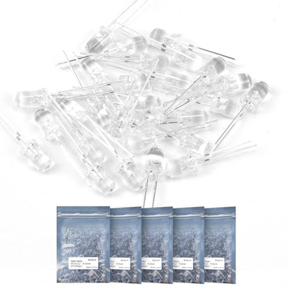 LED Kit 5MM LED Diodes, 1000 Pieces in 5 Colors: White, Red, Yellow, Green, Blue, 2-Pin Circular, Suitable for Christmas Light Replacement and Science Projects - size: 5mm transparent