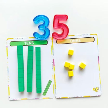 Math Task Boxes Set of 5 Math Manipulatives Themes 230+ Pieces of Number Rods, Base Ten Blocks, Ten Frame Disc Counters, Place Value Blocks, 0-9 Numbers, 3D Shapes, Activity Cards (Base Ten Blocks) - color: Base Ten Blocks
