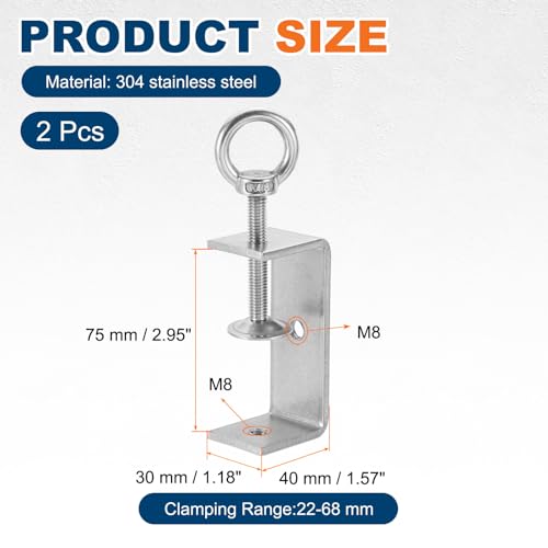 HARFINGTON 2 Pcs 304 Stainless Steel C Clamps 75mm Square Mini Tiger Clamp Adjustable Heavy Duty Metal U Clip with Eye Hook Screw for Woodworking Welding Mounting, Silver - size: 75mm