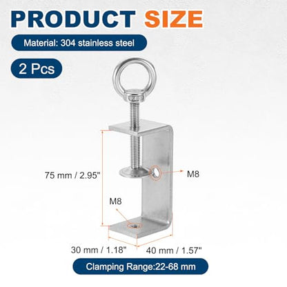 HARFINGTON 2 Pcs 304 Stainless Steel C Clamps 75mm Square Mini Tiger Clamp Adjustable Heavy Duty Metal U Clip with Eye Hook Screw for Woodworking Welding Mounting, Silver - size: 75mm