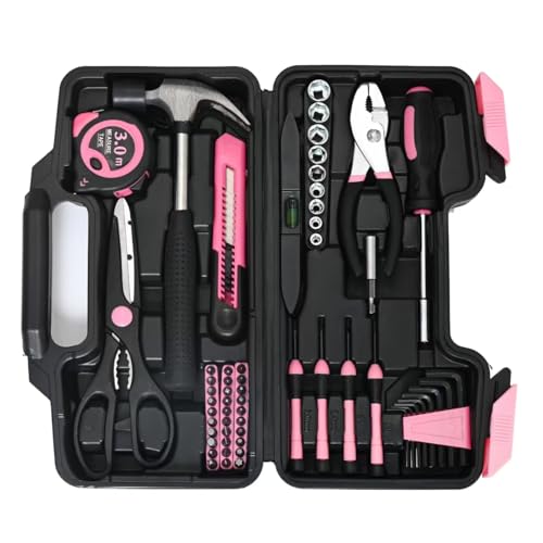 144-Piece Household Tool Set, Pink Tool Kit with Plastic Toolbox - color: Pink, size: 144-Piece