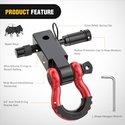 Nilight 3/4" Anti-Theft D Ring Shackle Hitch Receiver 2" Solid Towing Kit | 45000 LBs Breaking Strength 5/8" Trailer Hitch Lock Pin Heavy Duty Solid Towing Kit for Trucks Off Road Red&Black - color: Hitch w/ Lock Pin Black Red