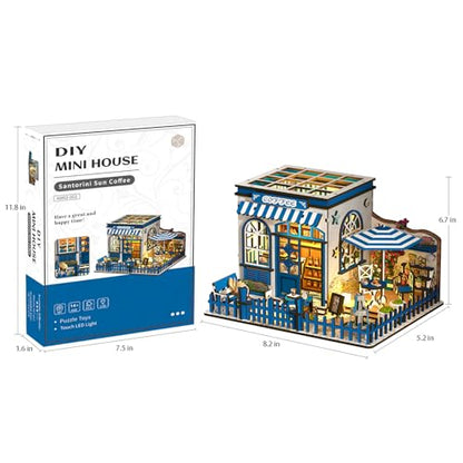 DIY Miniature Dollhouse Kit with Touch LED Light, 3D Wooden Puzzle Santorini Cafe Model, Creative Ocean Style Building Set, Arts and Crafts Gift for Adults (317 Pcs) - style: Mediterranean, Santorini Style