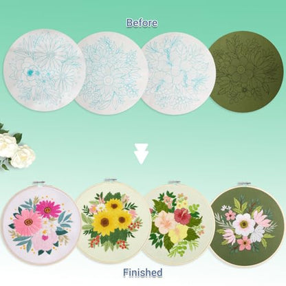 Bonroy 4 Sets Embroidery Set for Beginners, Art Craft, Easy Sewing Embroidery Kit Includes Embroidered Clothes with Patterns, Embroidery Hoops, Instruction Manual, Color Stitch Set (3) - color: Sunflower
