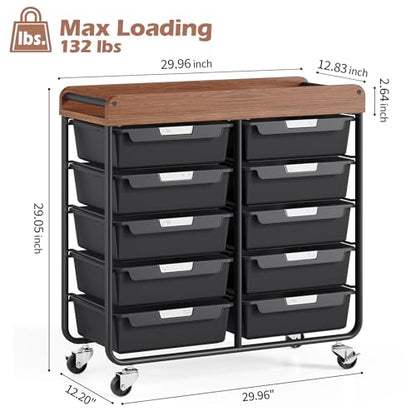 10 Drawers Rolling Cart with Wooden Tabletop, Utility Storage Cart with Wheels, Art Supply Craft Organizer on Wheel with Metal Frame & Handles for Home Office School,Black - color: Black