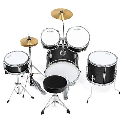 Ashthorpe 5-Piece Complete Kids Drum Set with Genuine Brass Cymbals - Junior Beginner Kit with 16" Bass, Throne, Hi-Hats, Pedals & Drumsticks - Black - color: Black