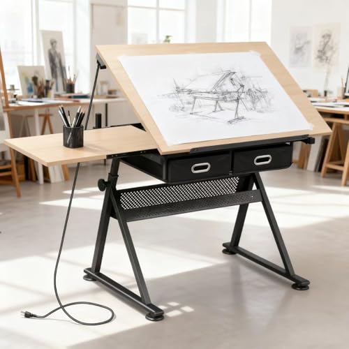 ZENY Adjustable Drafting Table with Stool Tilting Drawing Desk Artist Table - color: Brown-with Outlet