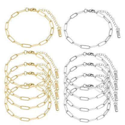 HUISUYTON 18K Gold Plated 10PCS 6.3 Inch Paperclip Charm Bracelet Chain - color: Gold and Silver-5.25Ft