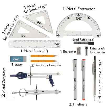 Mr. Pen- Professional Geometry Set, 15 pcs, Drafting Tools with Protractor - color: Silver