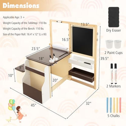 HONEY JOY Kids Art Easel, 6-in-1 Wooden Double-Sided Toddler Table & Chair Set w/Adjustable Magnetic White Board & Chalkboard, Paper Roll, Bookshelf, Storage, Kids Art Table and Chair (Coffee) - style: Coffee