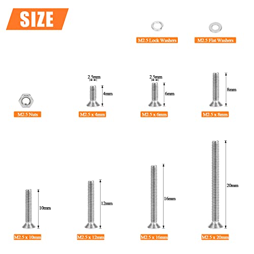 HELIFOUNER 560 Pieces M2.5 x 4mm /6mm /8mm /10mm /12mm /16mm /20mm, Countersunk Head Socket Cap Screws Bolts Washers Nuts Kit, 304 Stainless Steel - size: M2.5, style: Countersunk Head Socket Cap