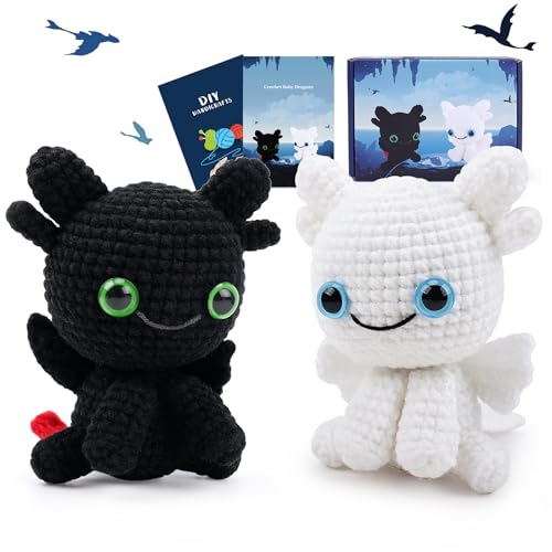 2PCS Dragons Crochet Kit for Beginners Crochet Starter Kit for Adults - color: Black White Dragon