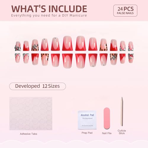 Red French Tip Fake Nails Duck Mouth Press on Nails Medium Pink Full Cover Glue on Nail with Stars Charms Designs Acrylic False Nails Duck y2k Artificial Nails 24Pcs Stick on Nail for Women - color: Style-A17