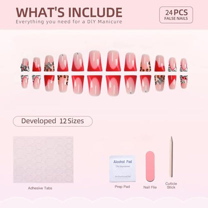 Red French Tip Fake Nails Duck Mouth Press on Nails Medium Pink Full Cover Glue on Nail with Stars Charms Designs Acrylic False Nails Duck y2k Artificial Nails 24Pcs Stick on Nail for Women - color: Style-A17